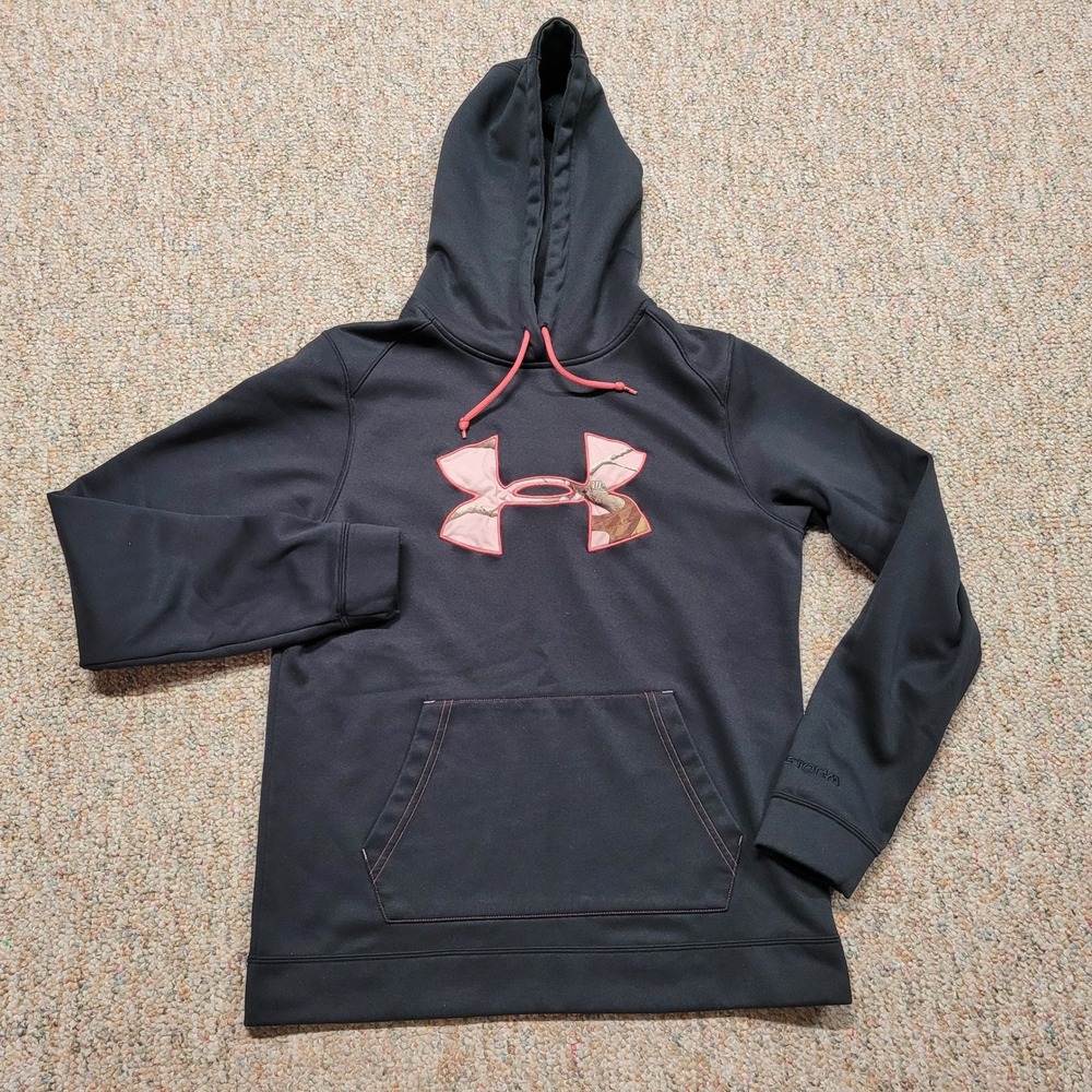 Under Armour Hoodie Womens Medium Black Camo Logo ColdGear Storm Fleece Pullover